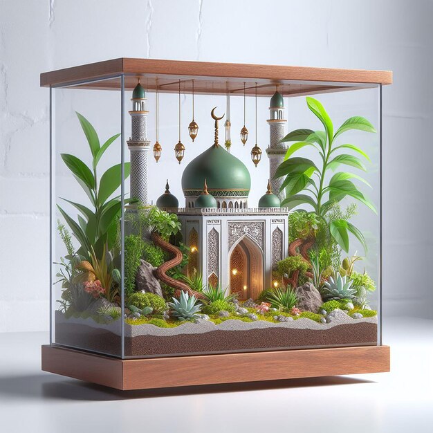 Terrarium rendu avec des miniatures et des plantes inspirées du Ramadan sur fond blanc