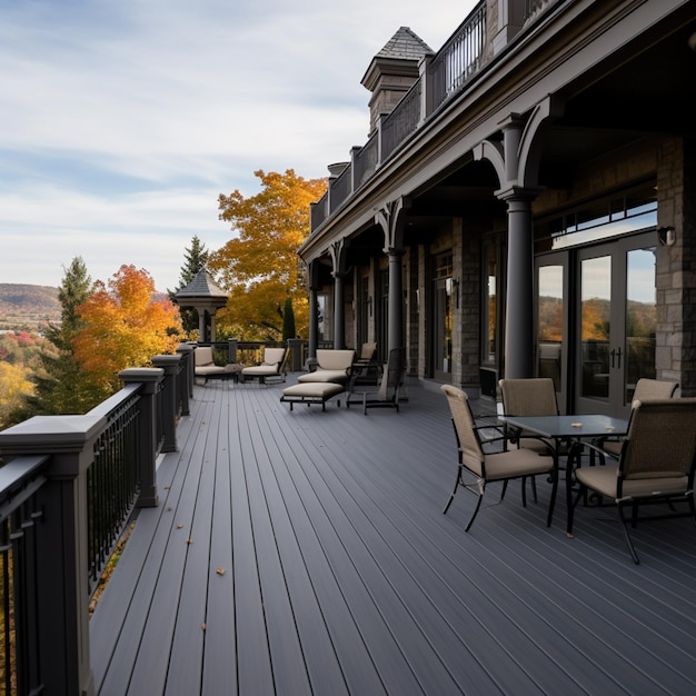 terrasse arafée avec chaises et tables donnant sur une vue panoramique IA générative