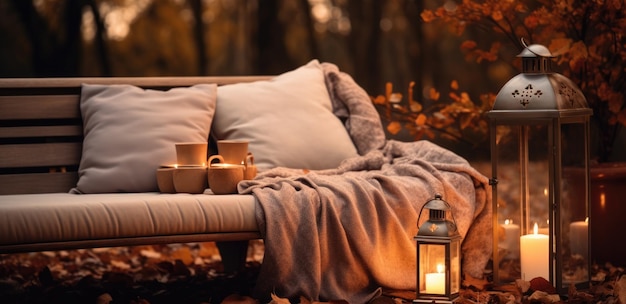 Terrasse d'automne avec canapé et bougies dans le jardin d'automne