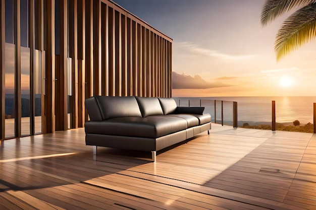 Une terrasse en bois avec un canapé en cuir noir et un coucher de soleil en arrière-plan.