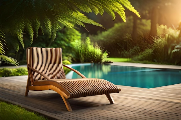 Une terrasse en bois avec une chaise longue au milieu d'un jardin tropical.