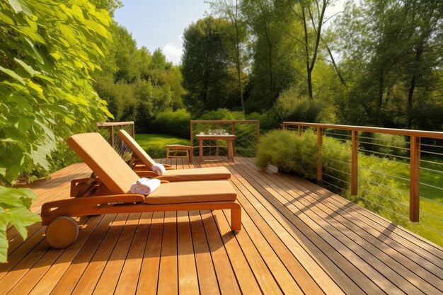 Terrasse en bois avec chaises longues confortables et vue sur le jardin