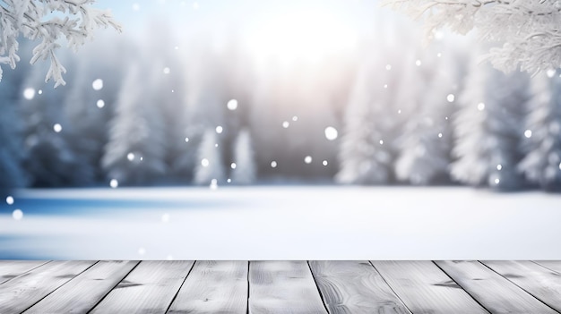 Terrasse en bois couverte de neige avec un arbre au premier plan