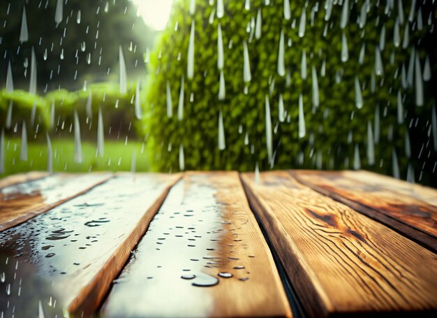 Photo une terrasse en bois avec des gouttes de pluie dessus