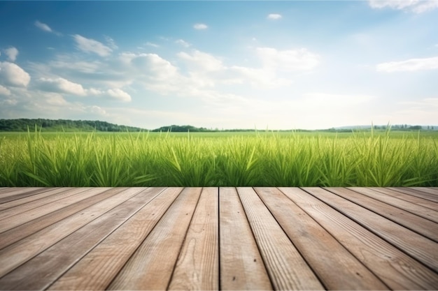 Terrasse en bois avec herbe verte près du paysage avec fond de ciel Weber d'image AI générative