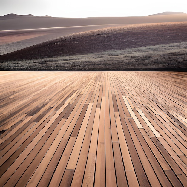 Une terrasse en bois avec une montagne en arrière-plan.