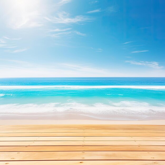 Terrasse en bois sur la plage et fond de ciel bleu