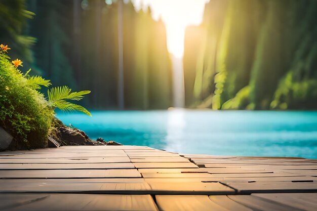 Une terrasse en bois et une rivière bleue au fond de la nature floue du canyon