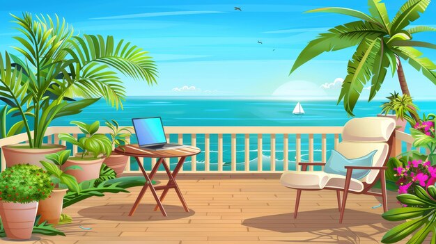Photo une terrasse en bois avec vue sur la mer maison villa ou zone d'hôtel avec ordinateur portable sur le fauteuil de table et des plantes en pot sur le patio en bois avec paysage nature paysage marin arrière-plan d'été dessin animé moderne