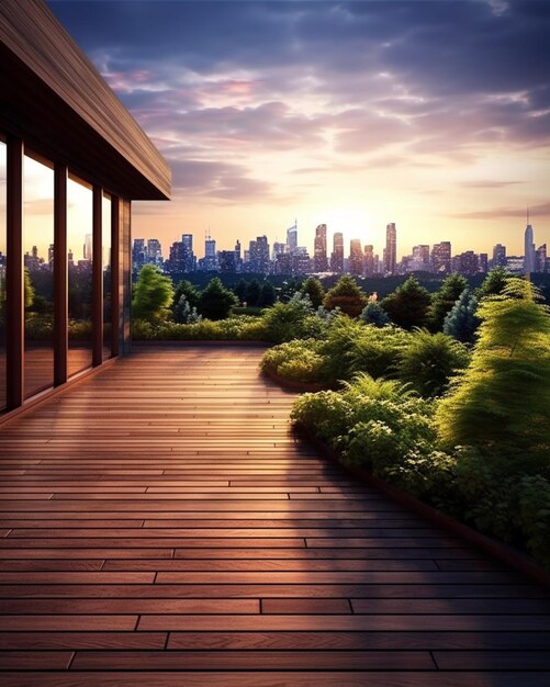 Une terrasse en bois avec vue sur la ville.