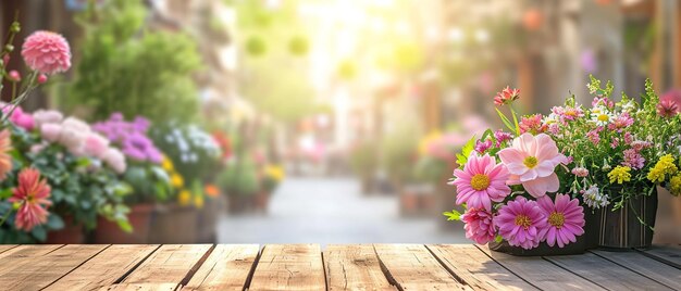 Terrasse de café pittoresque avec des arrangements floraux pour la fête des mères