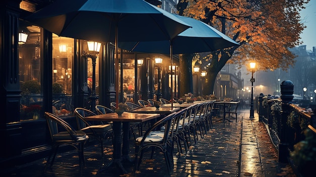 Une terrasse de café pittoresque présente des tables mouillées, des parapluies colorés et des clients étroitement enveloppés dans leurs manteaux.