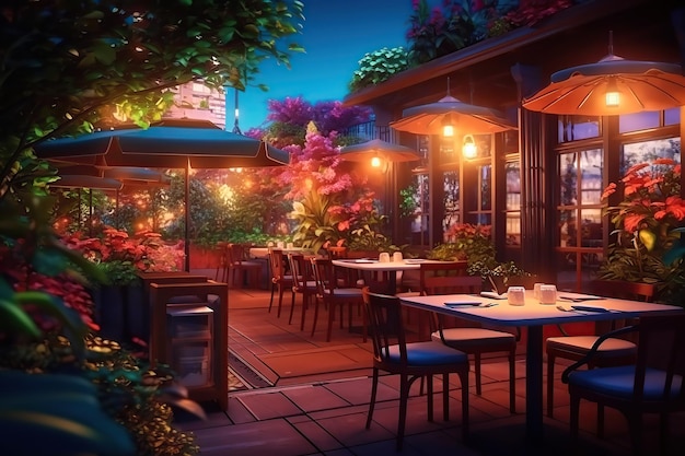 Terrasse de café ou de restaurant avec table Ai Umbrella et chaises la nuit