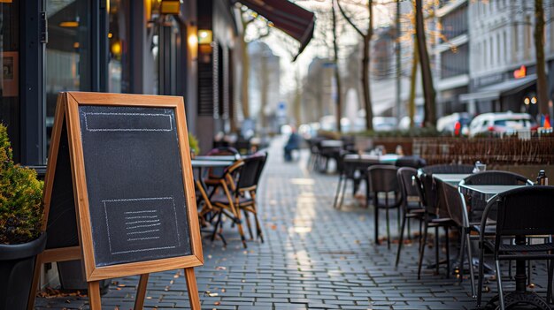 Terrasse de café vide avec menu au tableau sur la rue