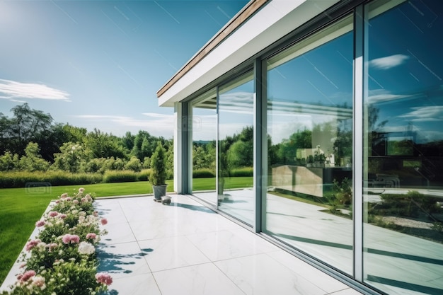 Terrasse de campagne avec vitres coulissantes