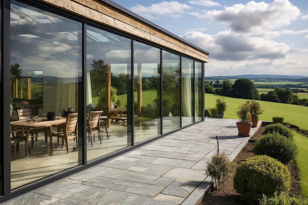 Terrasse de campagne avec vitres coulissantes