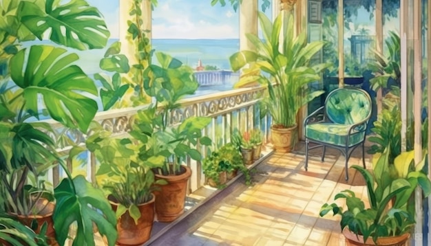 La terrasse est ornée de plantes d'intérieur vertes luxuriantes Style aquarelle Generative AI