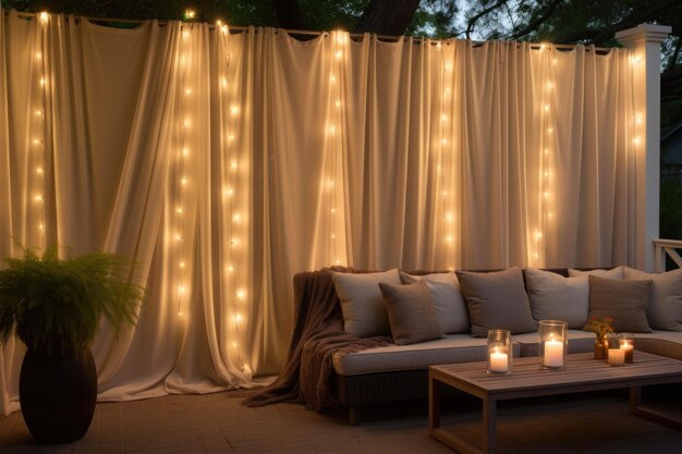 Terrasse extérieure confortable avec table et chaises rideaux à bougies LED lumières de fête en chaîne le soir Illustration d'IA générative