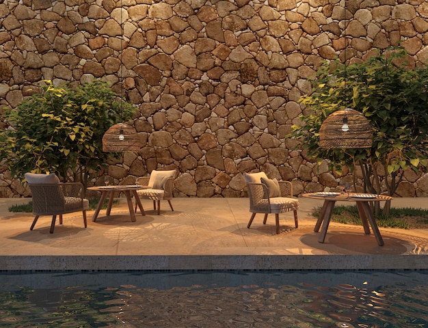 Terrasse extérieure de style scandinave avec piscine et arbres illustration de rendu 3d