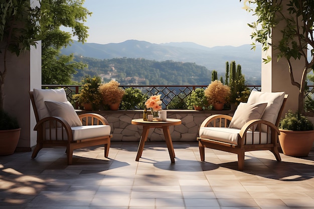 Terrasse de luxe avec fauteuils en osier et table sur la terrasse
