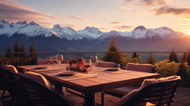 Terrasse ouverte avec dîner à la montagne Generative AI