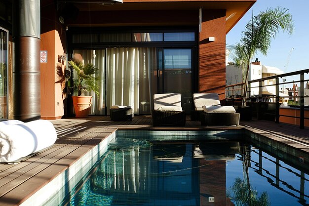 Une terrasse de piscine avec des meubles chics modernes