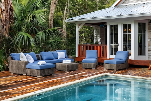 Une terrasse de piscine avec des meubles chics modernes