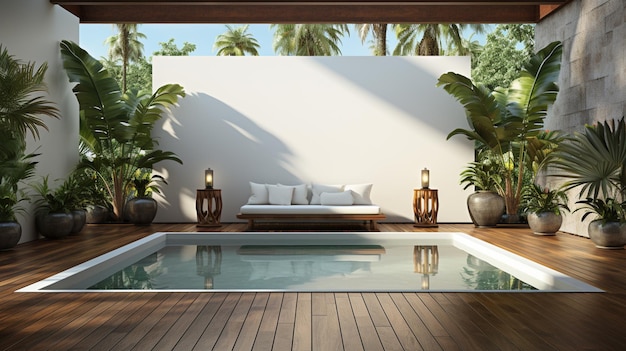 Terrasse de piscine de style moderne avec mur blanc pour espace de copie Il y a du parquet