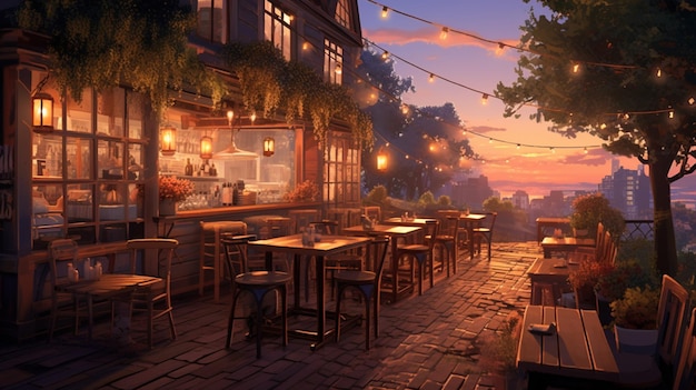 Terrasse de pub en plein air au crépuscule après une sortie de travail fond AI générative