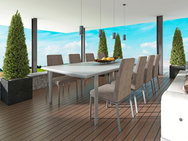 Terrasse avec table à manger dans le style Contemporain. rendu 3D