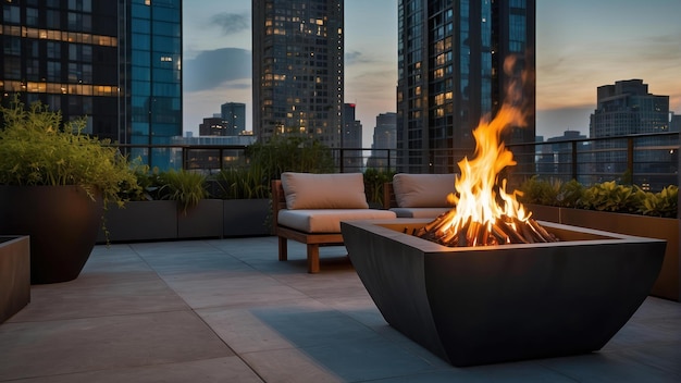 Terrasse sur le toit avec cheminée et vue sur la ville