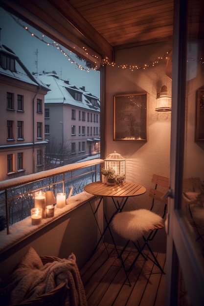 Terrasse de ville confortable avec table en hiver