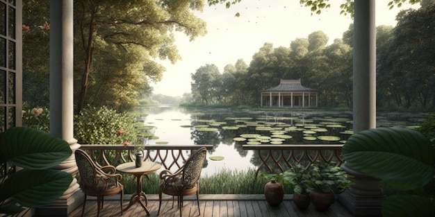 Terrasse avec vue sur l'étang avec structure en bois dans un hôtel spa ou une maison de luxe