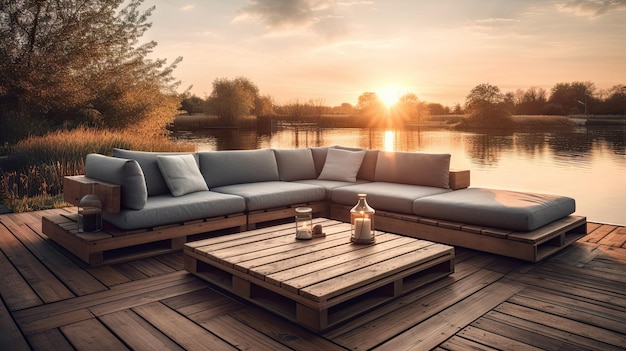 Une terrasse avec vue sur un lac et un canapé bleu.