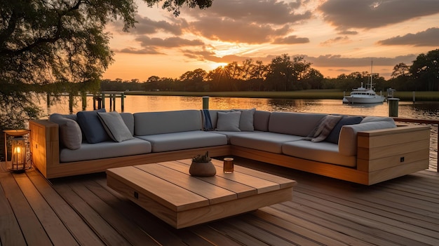 Une terrasse avec vue sur le lac et un canapé avec une table et des oreillers.