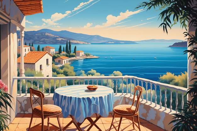 Une terrasse avec une vue magnifique Arrière-plan avec un beau paysage Ville au bord de la mer illustration