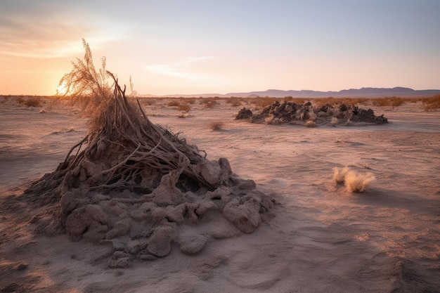 Terre brûlée et restes d'un feu de camp dans le désert