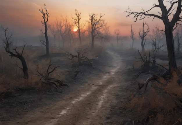 Terre brûlée avec un sentier de marche de terre à travers un paysage brûlé après un incendie de forêt