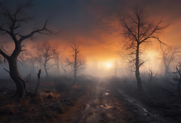 Terre brûlée avec un sentier de marche de terre à travers un paysage brûlé après un incendie de forêt