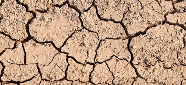 Terre craquelée dans le lit d'une rivière à sec pendant les périodes de sécheresse Texture du sol craquelé sec