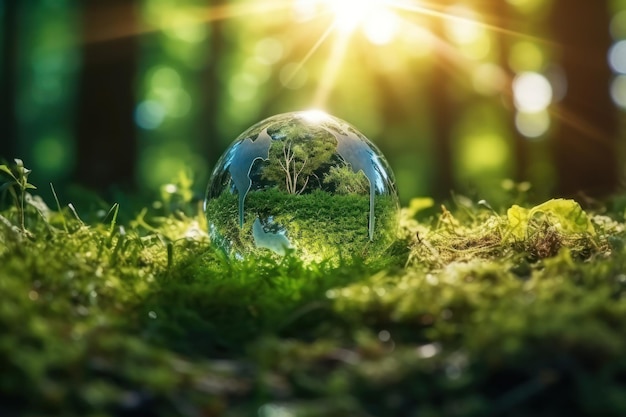 Terre de cristal sur la forêt d'herbe verte avec la lumière du soleil Sauver le concept d'écologie de la journée mondiale de la terre