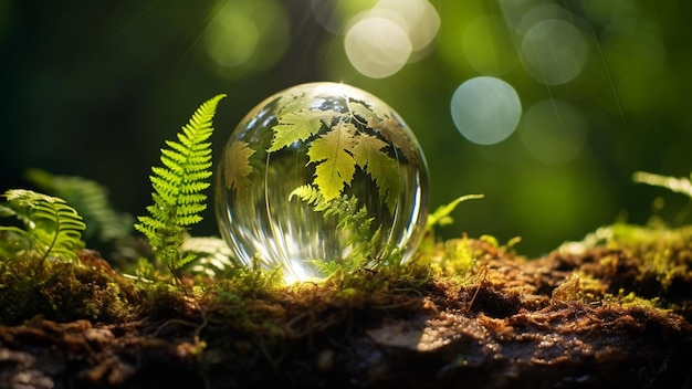 Photo terre de cristal sur le sol dans la forêt avec des fougères et la lumière du soleil l'environnement concept de la journée de la terre