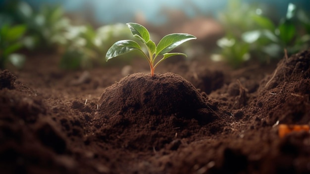 Terre dans le sol avec une plante au-dessus AI générative