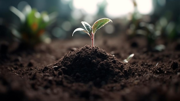 Terre dans le sol avec une plante au-dessus AI générative