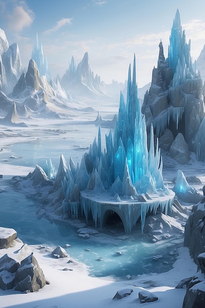 Une terre déserte gelée avec des sculptures de glace de créatures anciennes