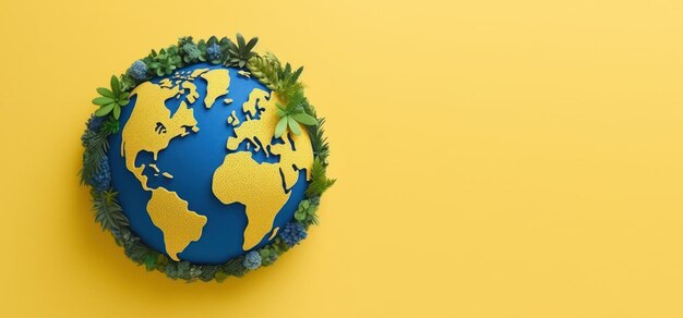 Photo terre écologique dans un style papercut fond jaune jour de la terre et journée mondiale de l'environnement generative ai