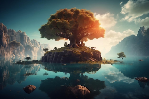 Terre fantastique avec grand arbre sur le rivage avec réflexion sur le lac ai génératif