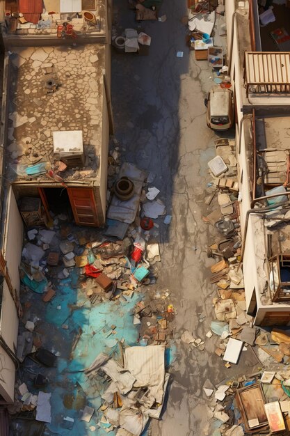 Terre en friche urbaine capturant l’essence graveleuse d’une ruelle du Moyen-Orient vue d’en haut