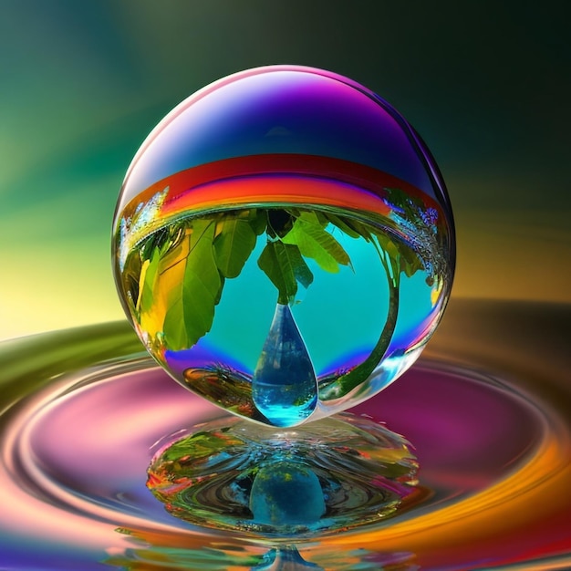 La terre à l'intérieur d'une goutte d'eau de couleurs vibrantes