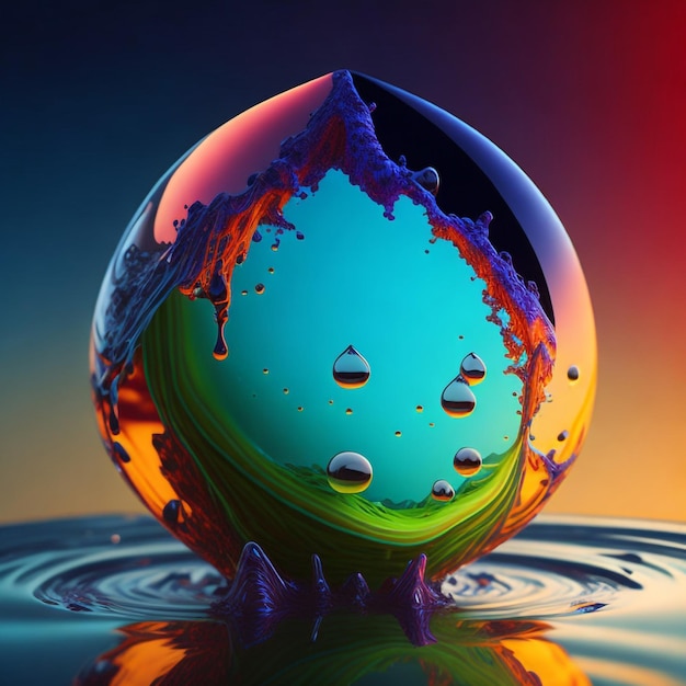 La terre à l'intérieur d'une goutte d'eau de couleurs vibrantes